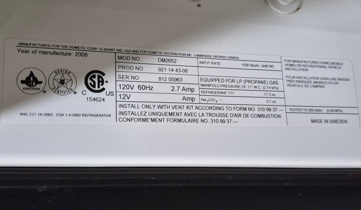 Used Complete Dometic Fridge, 2-Way - DM2652
