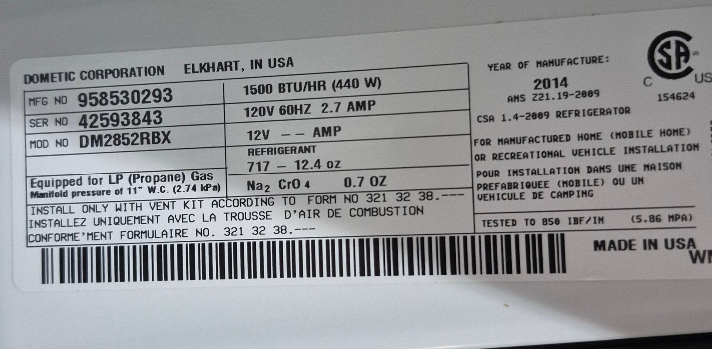 Used Complete Dometic Fridge, 2-Way - DM2852RBX