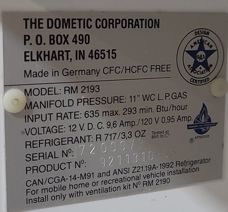 Used Complete Dometic Fridge 3-Way - RM2193 - GAS ONLY