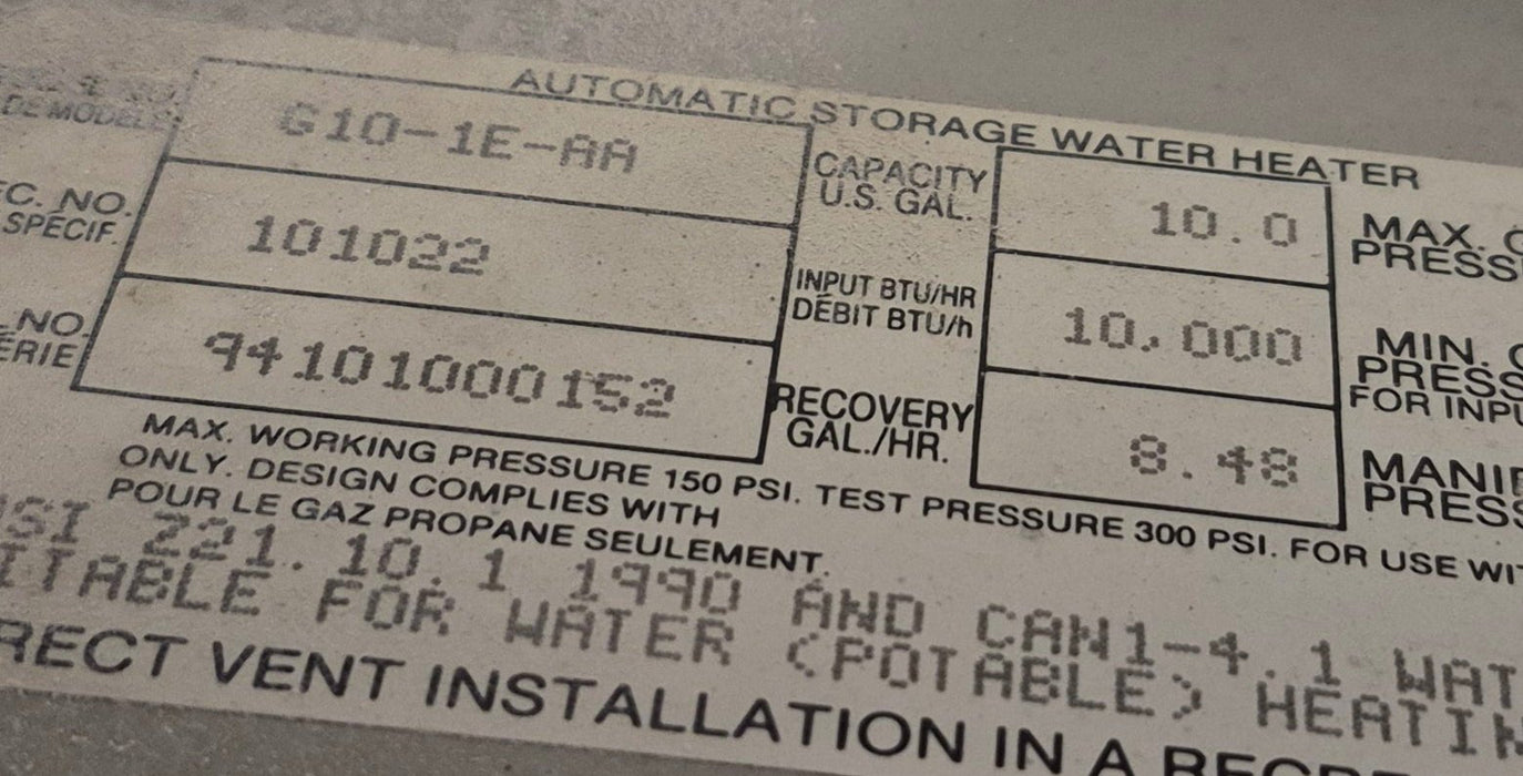 Used Complete Atwood Hot Water Heater, 10 Gallon - G10-1E-AA