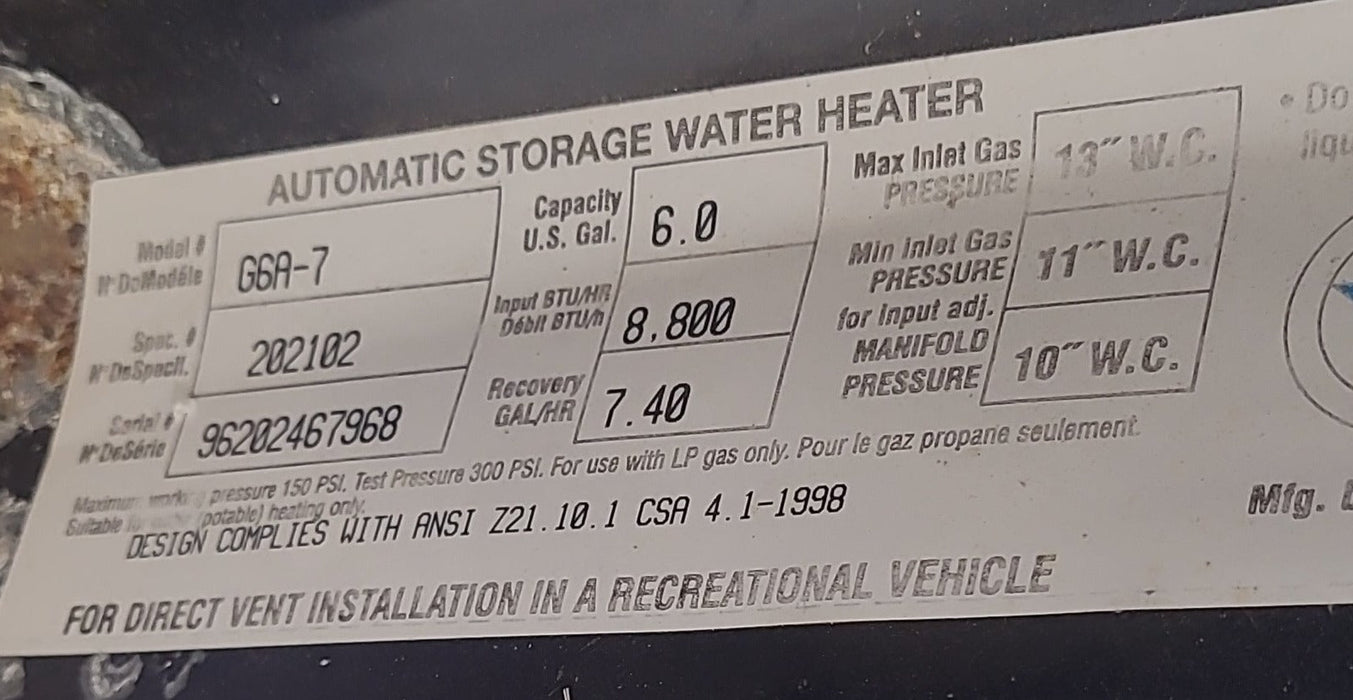 Used Complete G6A-7 Atwood Hot Water Heater 6 Gallon