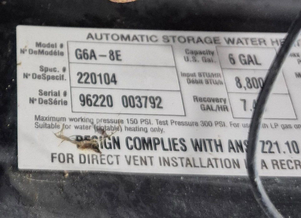 Used Complete Atwood Hot Water Heater, 6 Gallon - G6A-8E