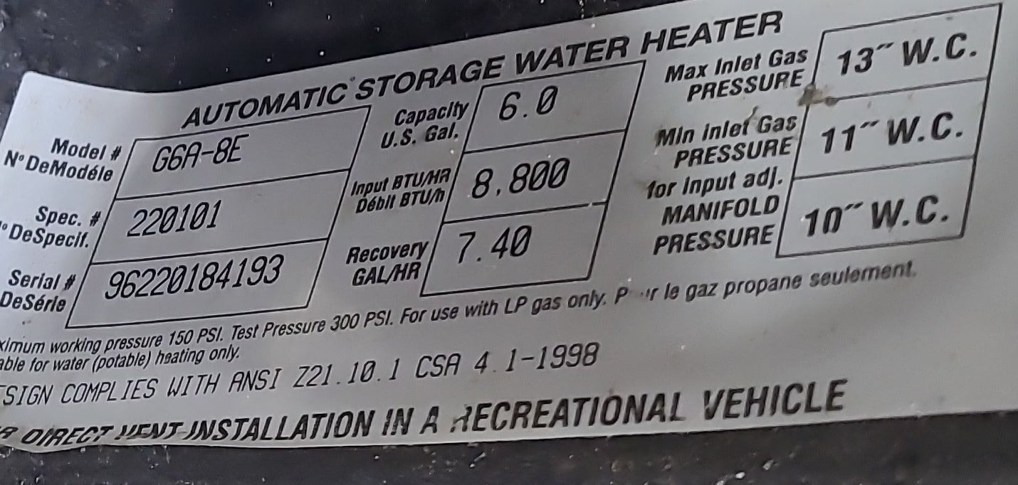 Used Complete G6A-8E Atwood Hot Water Heater 6 Gal.