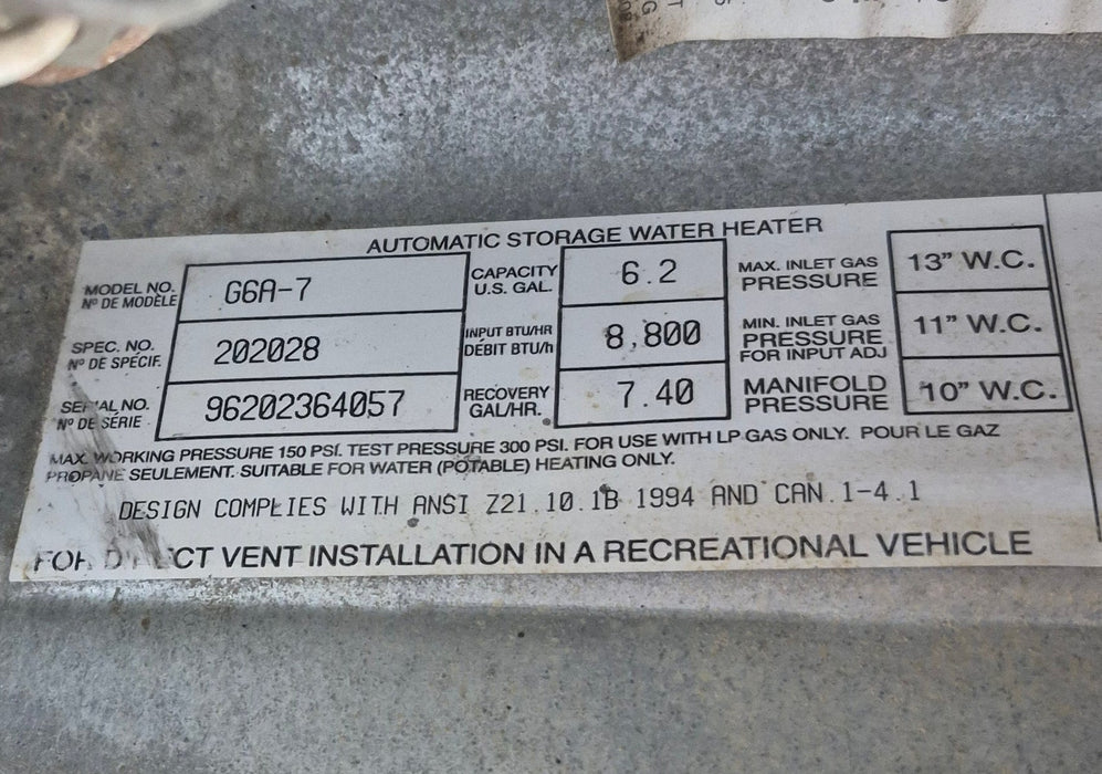 Used Complete Atwood Hot Water Heater, 6 Gallon - G6A-8E