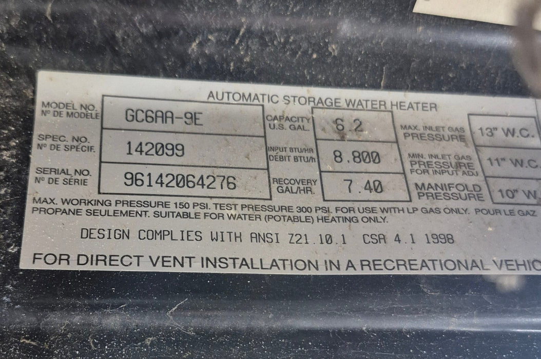 Used Complete GC6AA-9E Atwood Hot Water Heater 6 Gal.