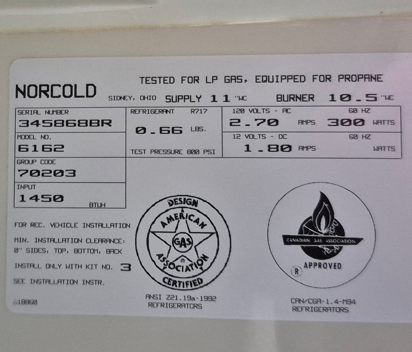 Used Complete Norcold Fridge, 2-Way - 6162