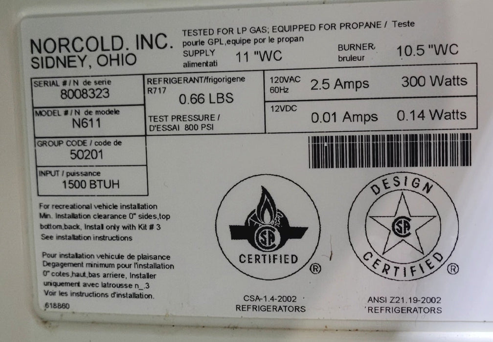 Used Complete Norcold Fridge, 2-Way - N611