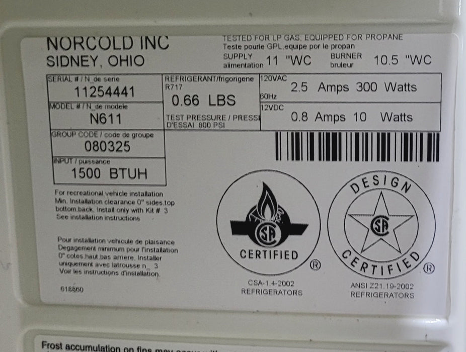 Used Complete Norcold Fridge, 2-Way - N611