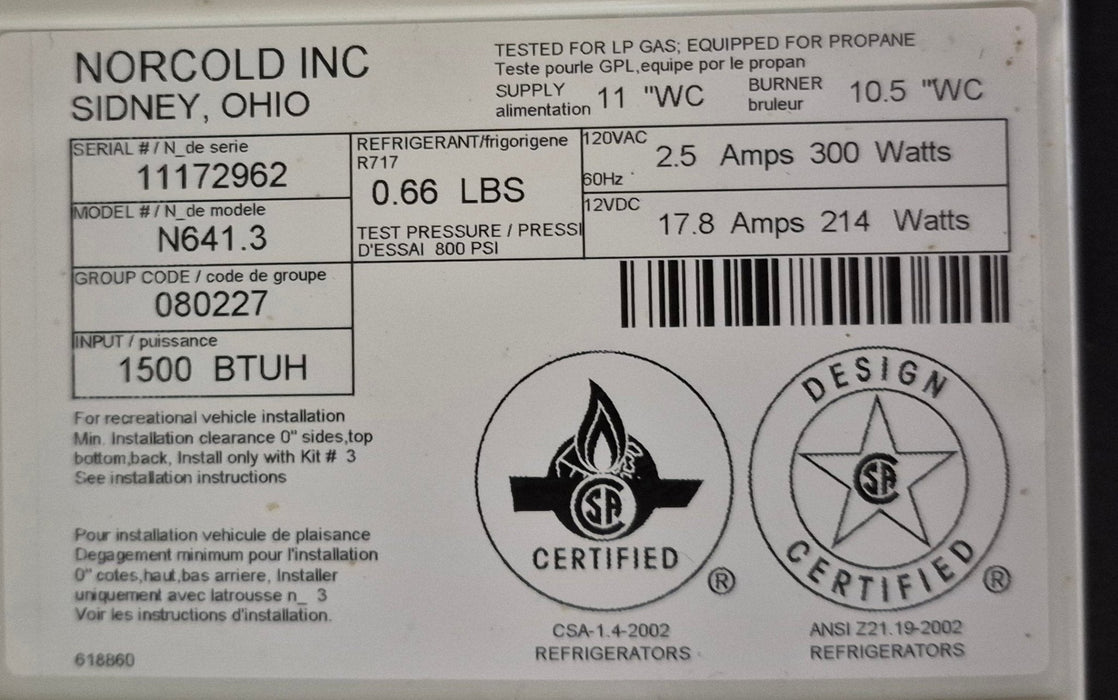Used Complete Norcold Fridge, 3-Way - N641.3