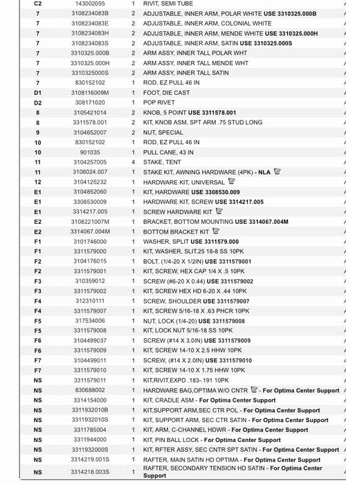 Used Dometic / A&E Awning Main Arm Tall 3311197.002B