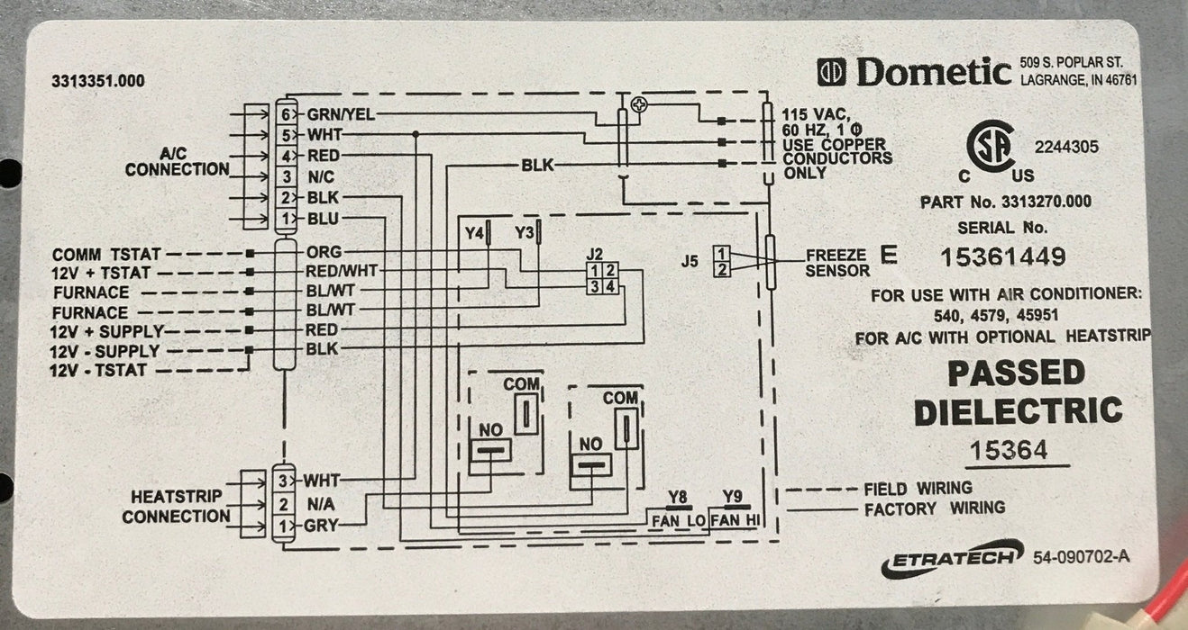 Used Dometic Wall Thermostat w/ Control Board, Single Zone, White - 3316232.700