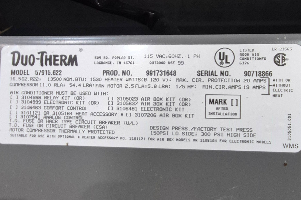Used Duo-Therm Air Conditioner, Complete, 13500 BTU, Cool Only - 57915.622