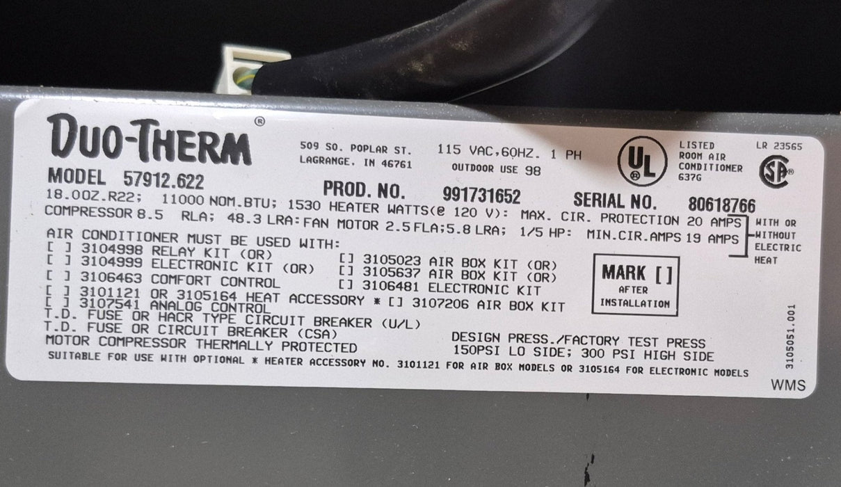 Used Duo - Therm Air Conditioner Complete 57912.622 - 11000 BTU Cool Only - Young Farts RV Parts