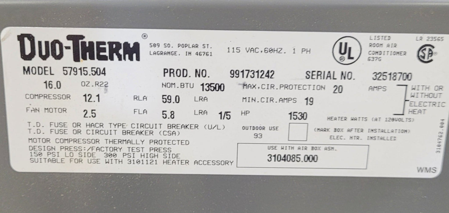 Used Duo-Therm Air Conditioner, Head Unit, 13500 BTU, Cool Only - 57915.504