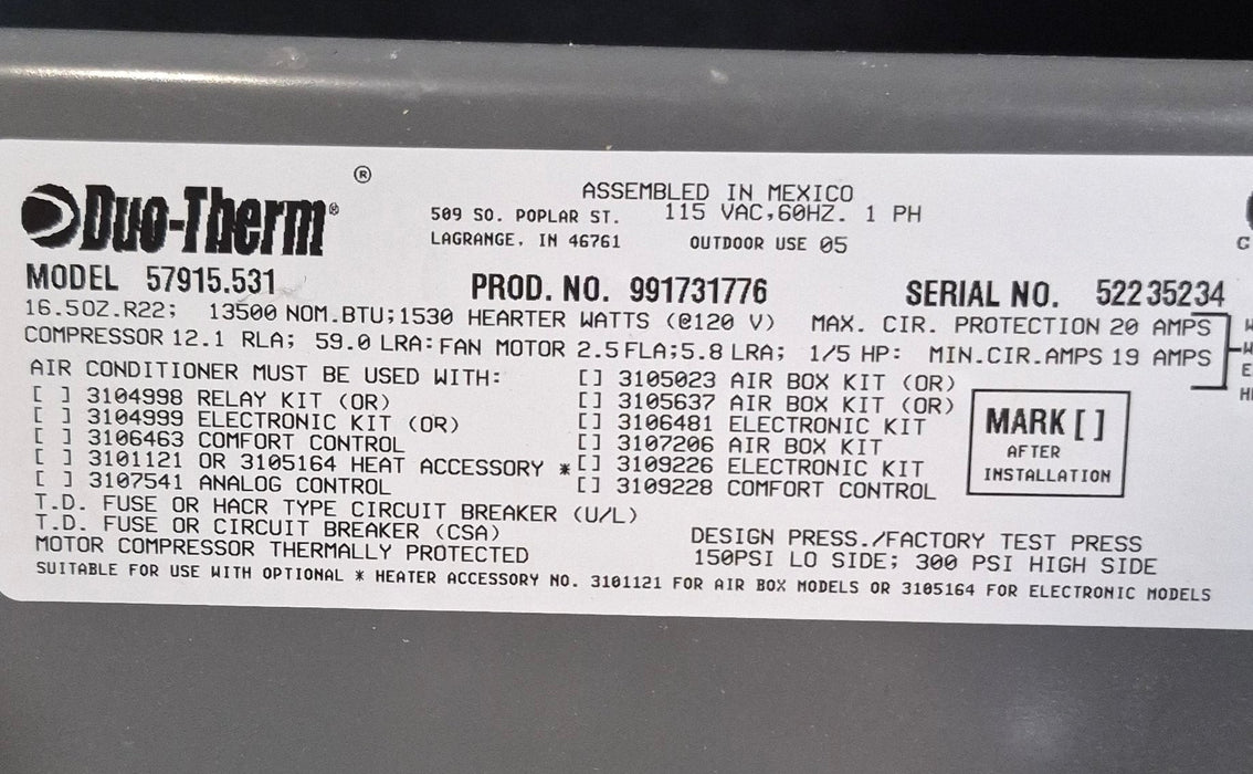 Used Duo - Therm Air conditioner Head Unit 57915.531 - 13500 BTU Cool Only - Young Farts RV Parts