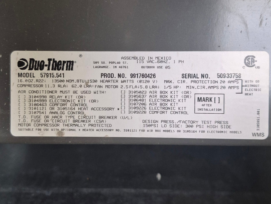 Used Duo - Therm Air Conditioner Head Unit 57915.541 - 13500 BTU Cool Only - Young Farts RV Parts