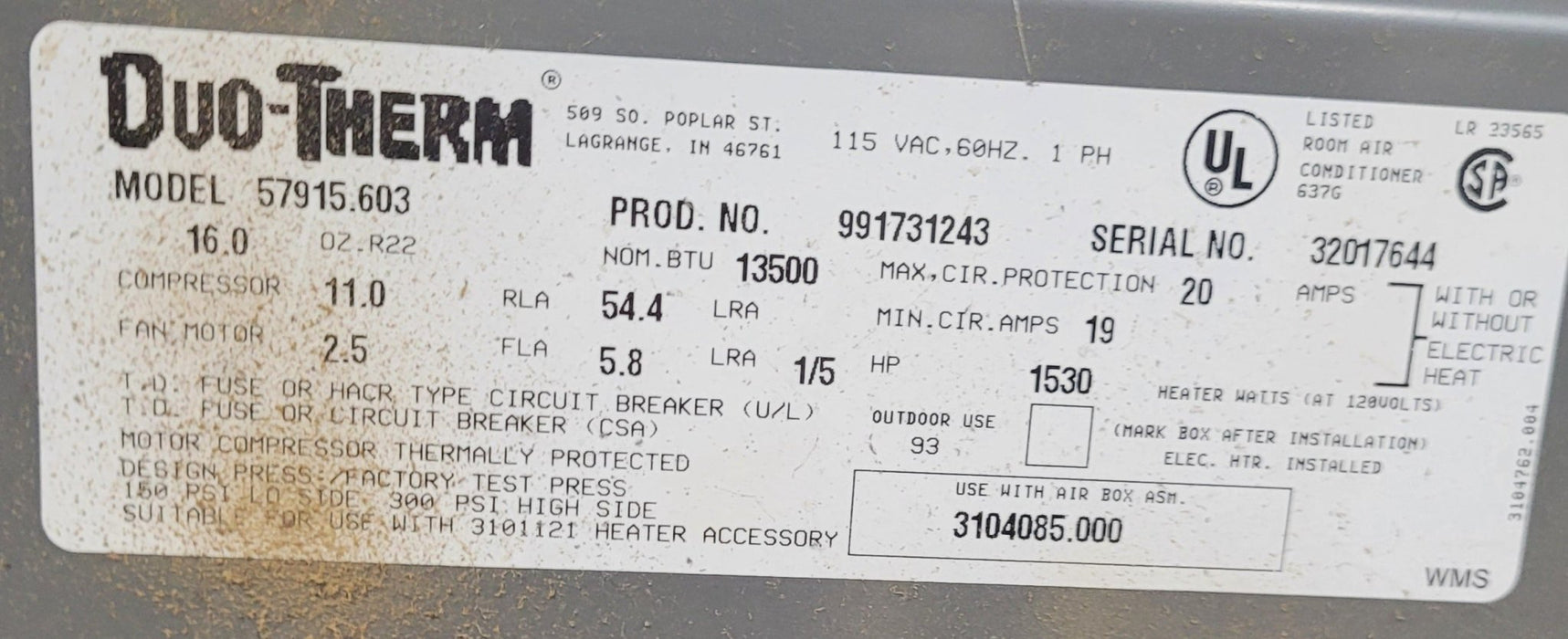 Used Duo-Therm Air Conditioner, Head Unit, 13500 BTU, Cool Only - 57915.603