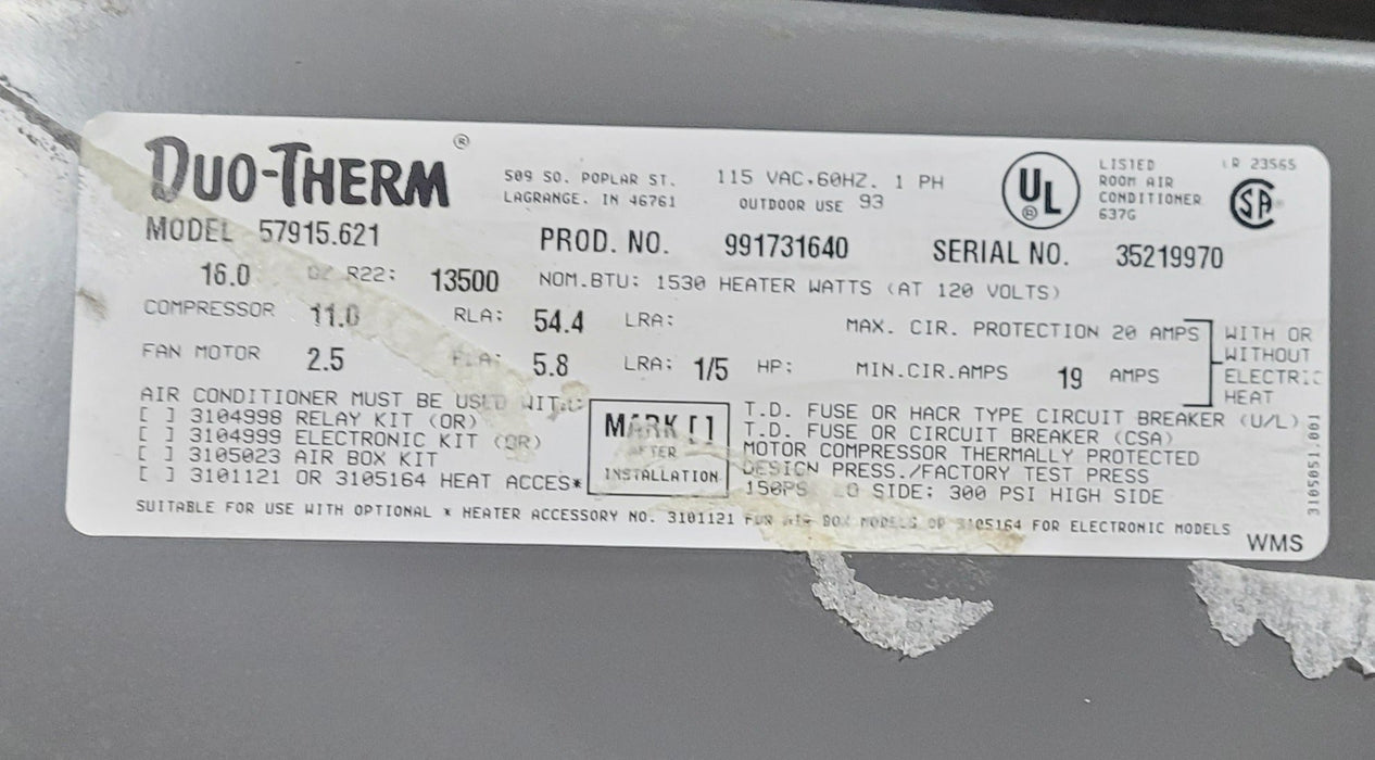 Used Duo-Therm Air Conditioner, Head Unit, 13500  BTU - 57915.621
