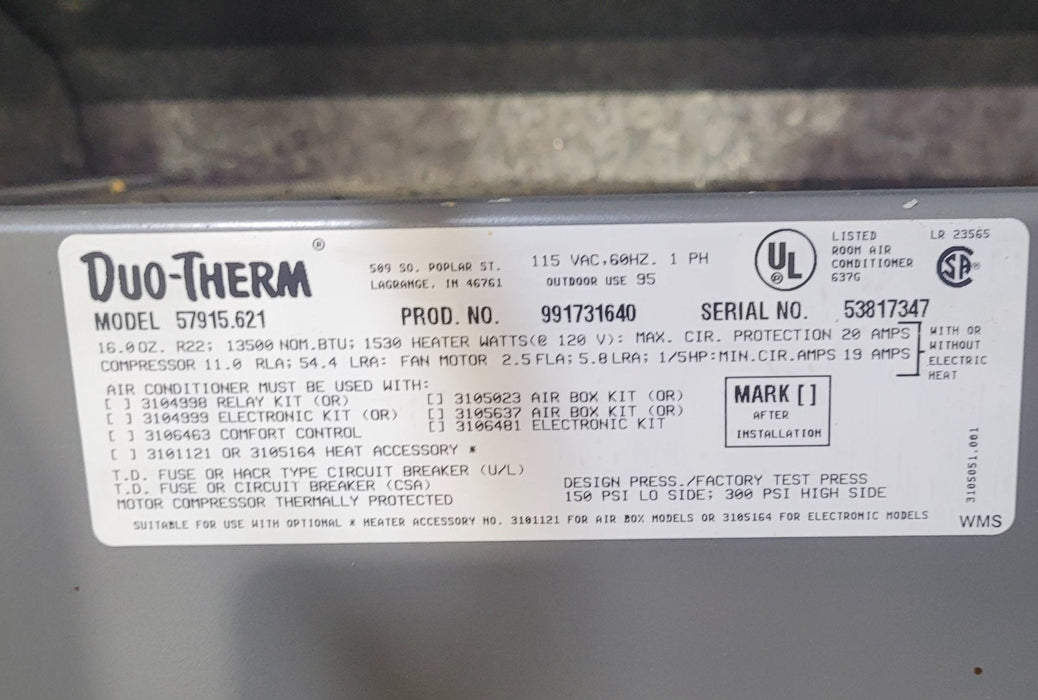 Used Duo-Therm Air Conditioner, Head Unit, 13500 BTU, Cool Only - 57915.621