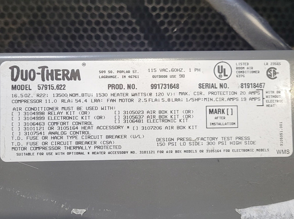 Used Duo-Therm Air Conditioner, Head Unit, 13500 BTU, Cool Only -57915.622