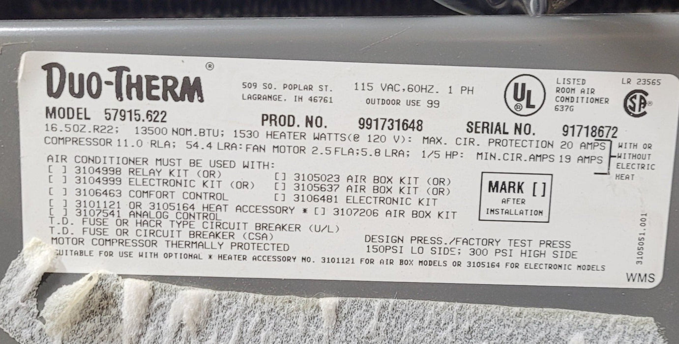 Used Duo-Therm Air Conditioner, Head Unit, 13500 BTU, Cool Only - 57915.622