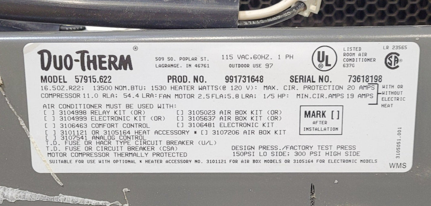Used Duo-Therm Air Conditioner, Head Unit, 13500 BTU, Cool Only - 57915.622