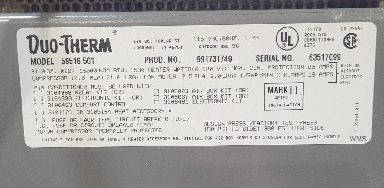 Used Duo-Therm Air Conditioner, Head Unit, 15000 BTU, Cool Only - 59516.501
