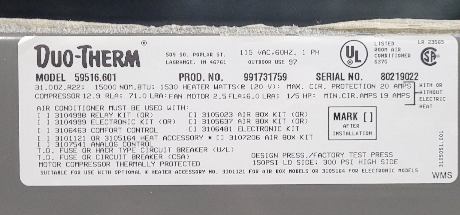 Used Duo-Therm Air Conditioner, Head Unit, 15000 BTU, Cool Only - 59516.601