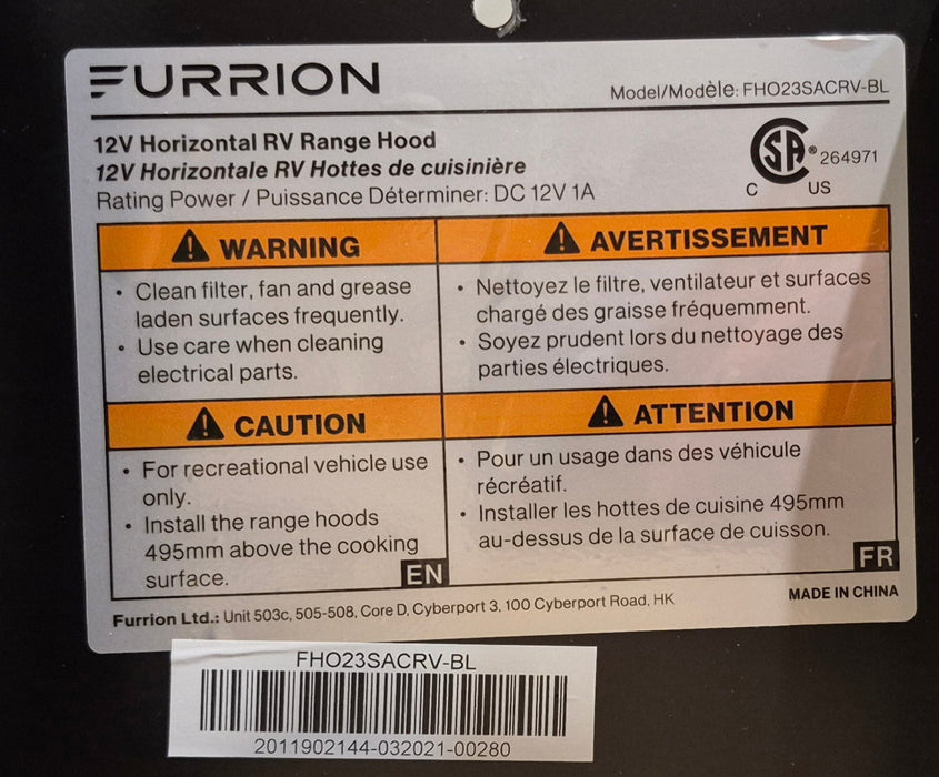 Used Furrion RV Range Hood Fan Non-ducted - FHO23SACRV-BL