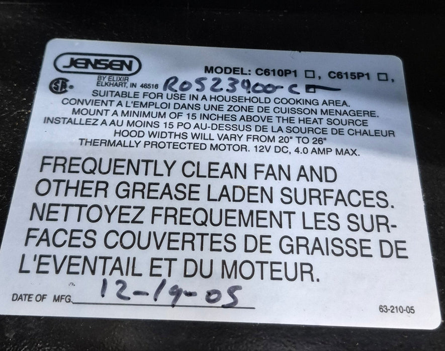 Used Jensen RV Range Hood Fan - R0523400-C