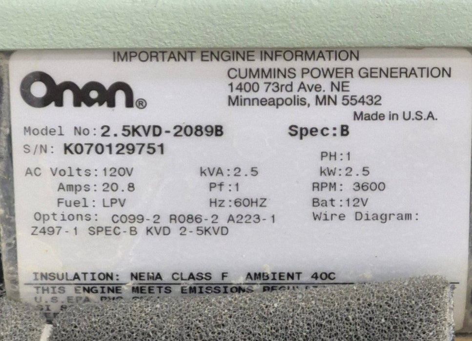 Used Onan 2500 Camp Power Onboard Generator - 2.5KVD-2089B