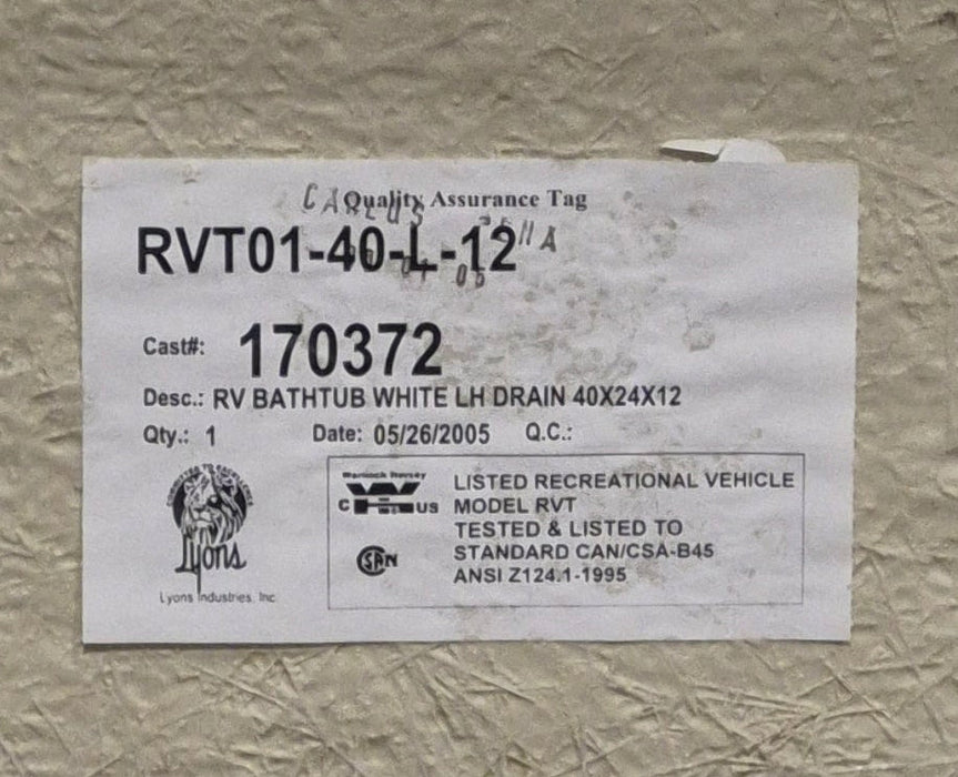 Used RV Bath Tub 40” x 24” Left Hand Drain