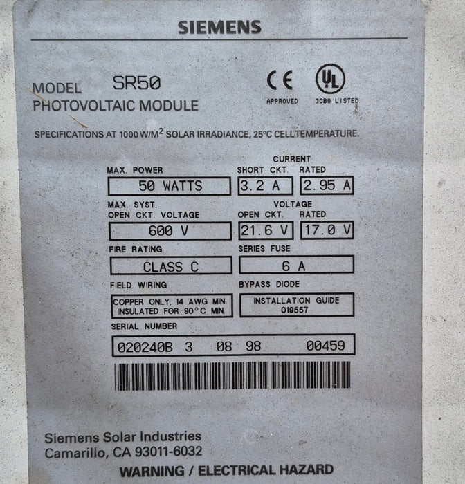 Used SIEMENS Solar Panel 50 WATT - Model SR50
