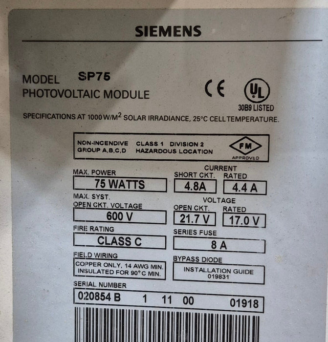 Used SIEMENS Solar Panel 75 WATT - Model SP75