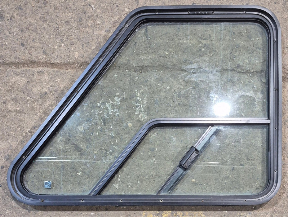 Used Slanted Black Radius Opening Window : 36 1/4" W x 26 1/2" H x 1 3/4" D - Motorhome Front Passenger Side - Young Farts RV Parts