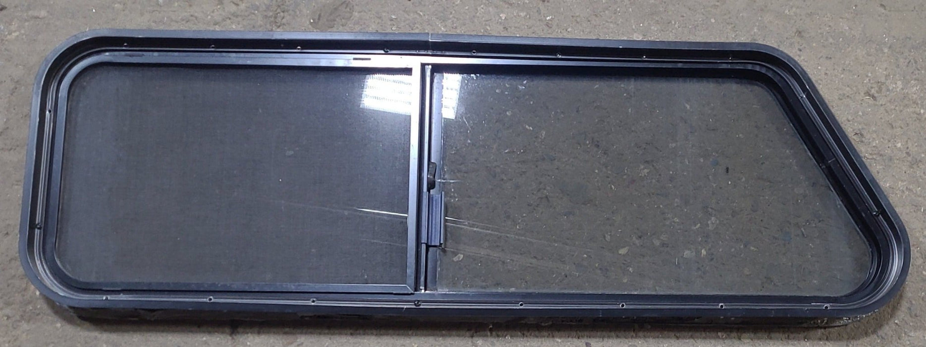 Used Slanted Black Radius Opening Window : 48 1/4" W x 15" H x 1 3/4" D - Young Farts RV Parts