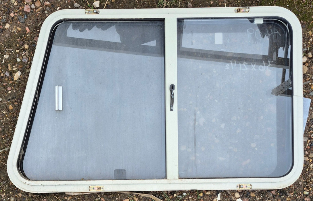 Used Slanted White Radius Opening Window : 35 3/4" W x 21 1/4" H x 1 7/8" D - Young Farts RV Parts