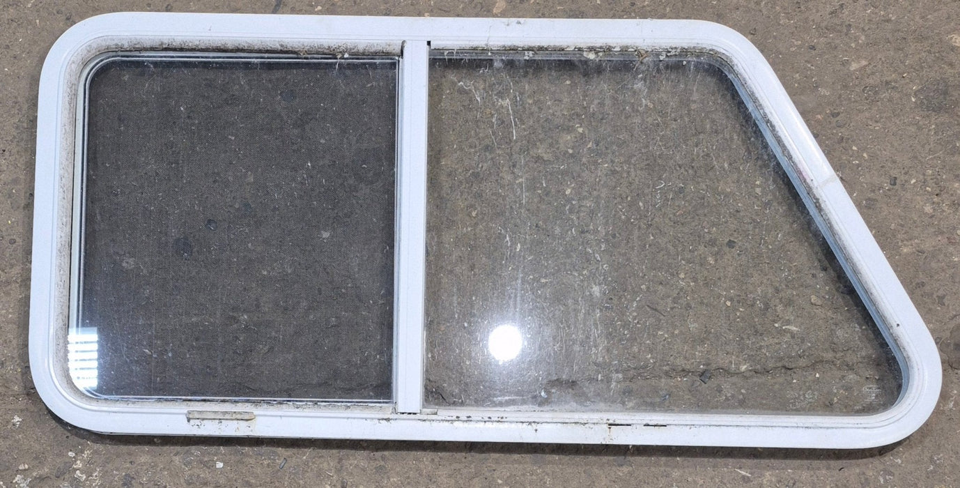 Used Slanted White Radius Opening Window : 46 3/4" W x 21 1/4" H x 1 1/4" D - Young Farts RV Parts