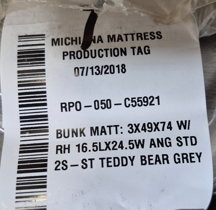 Used Teddy Bear Bunk Mattress 74" x 49" x 3" D- with diagonal cut corner