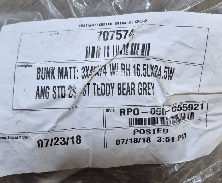 Used Teddy Bear Bunk Mattress 74" x 49" x 3" D- with diagonal cut corner