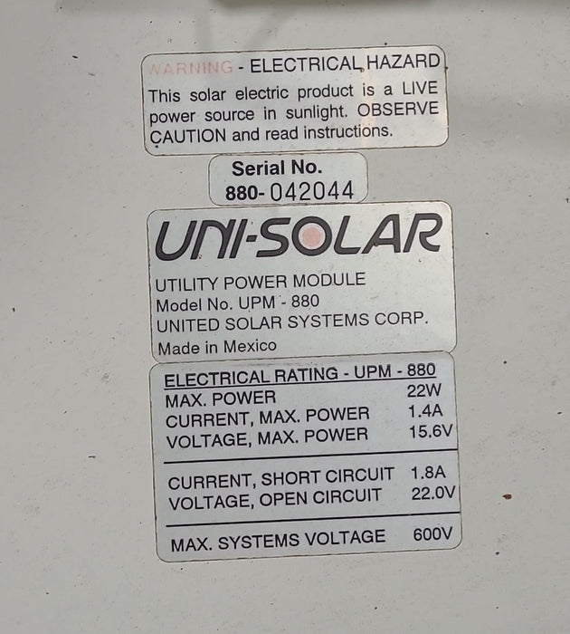 Used Uni-Solar Solar Panel UPM-880 - 22 WATT