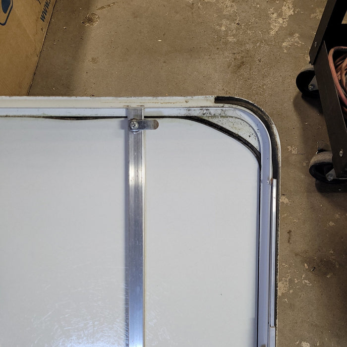 Used White Radius Non-Opening Window With Rock Guard Cover : 35 1/2 X 21 1/2 X 2" D - Young Farts RV Parts