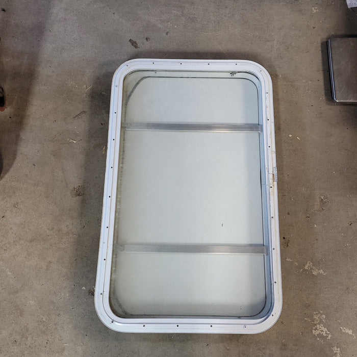 Used White Radius Non-Opening Window With Rock Guard Cover : 35 1/2 X 21 1/2 X 2" D - Young Farts RV Parts