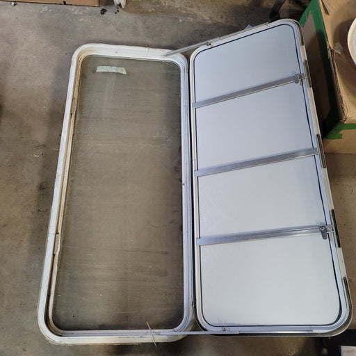 Used White Radius Non-Opening Window With Rock Guard Cover : 53 1/2 X 21 1/2 X 2" D - Young Farts RV Parts
