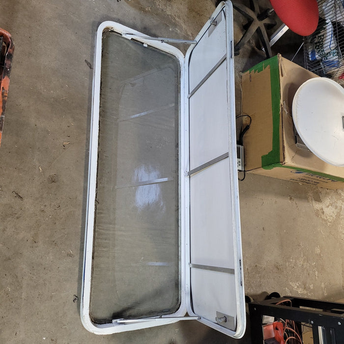 Used White Radius Non-Opening Window With Rock Guard Cover : 59 1/2  X 21  X 2" D
