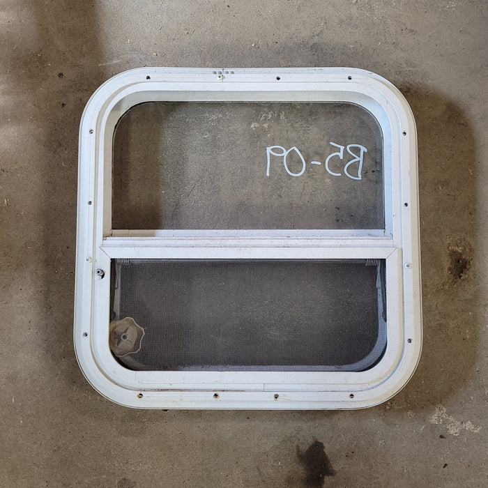 Used White Radius Opening Window : 17 1/4 X 17 1/4 X 2" D - Young Farts RV Parts