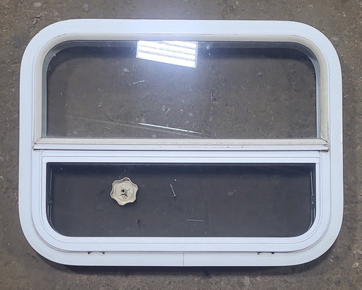 Used White Radius Opening Window : 23 1/2" W x 17 1/2" H x 2" D - Young Farts RV Parts