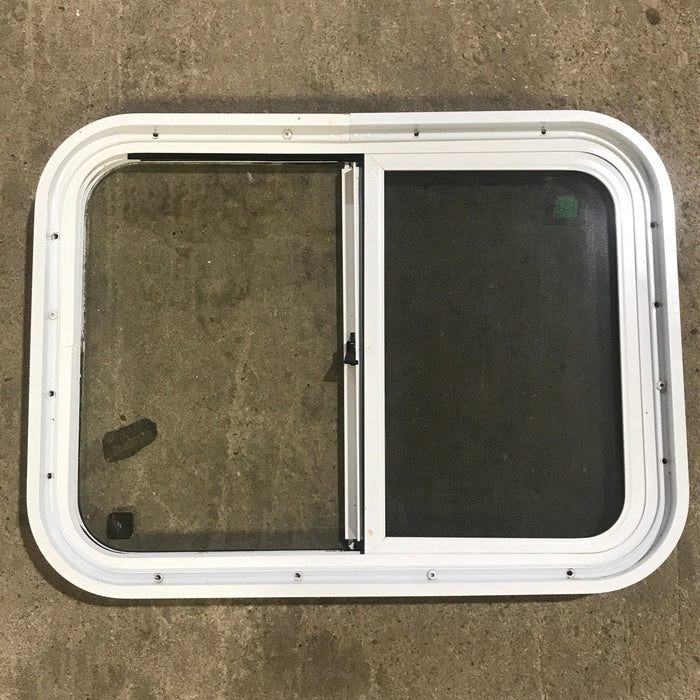 Used White Radius Opening Window : 24 1/4" W x 17 3/4" H x 1 7/8" D - Young Farts RV Parts