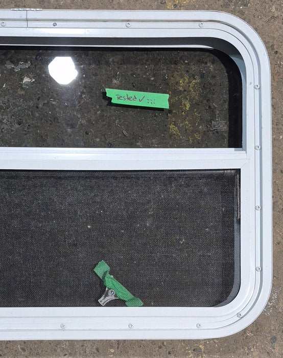 Used White Radius Opening Window : 29 1/2" W x 19 1/4" H x 1 7/8" D - Young Farts RV Parts