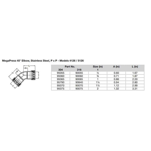 Buy Viega 95055 MegaPress 1/2" 45-deg Stainless Steel 304 Elbow - Double